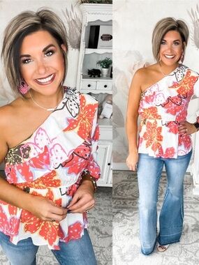 One-Shoulder Floral Peplum Tunic in Coral Multi